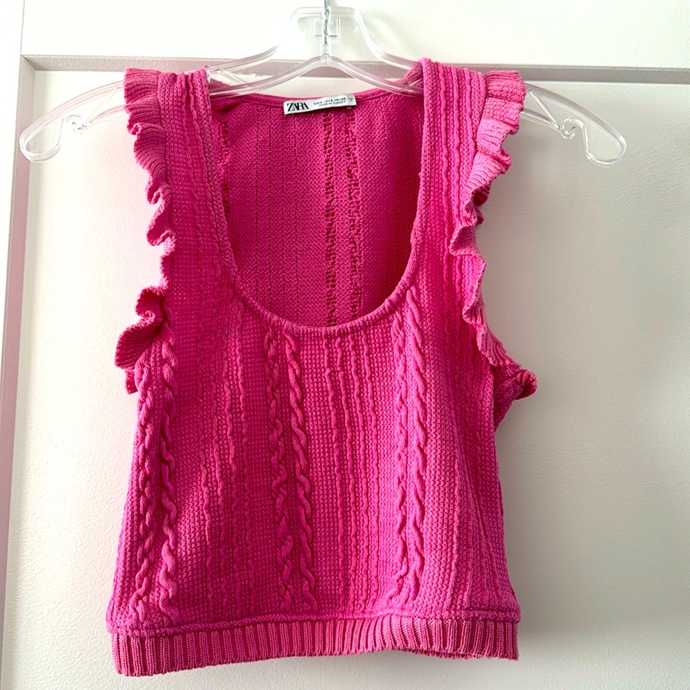 Zara - pink, cable-knit, ruffled, crop top - S